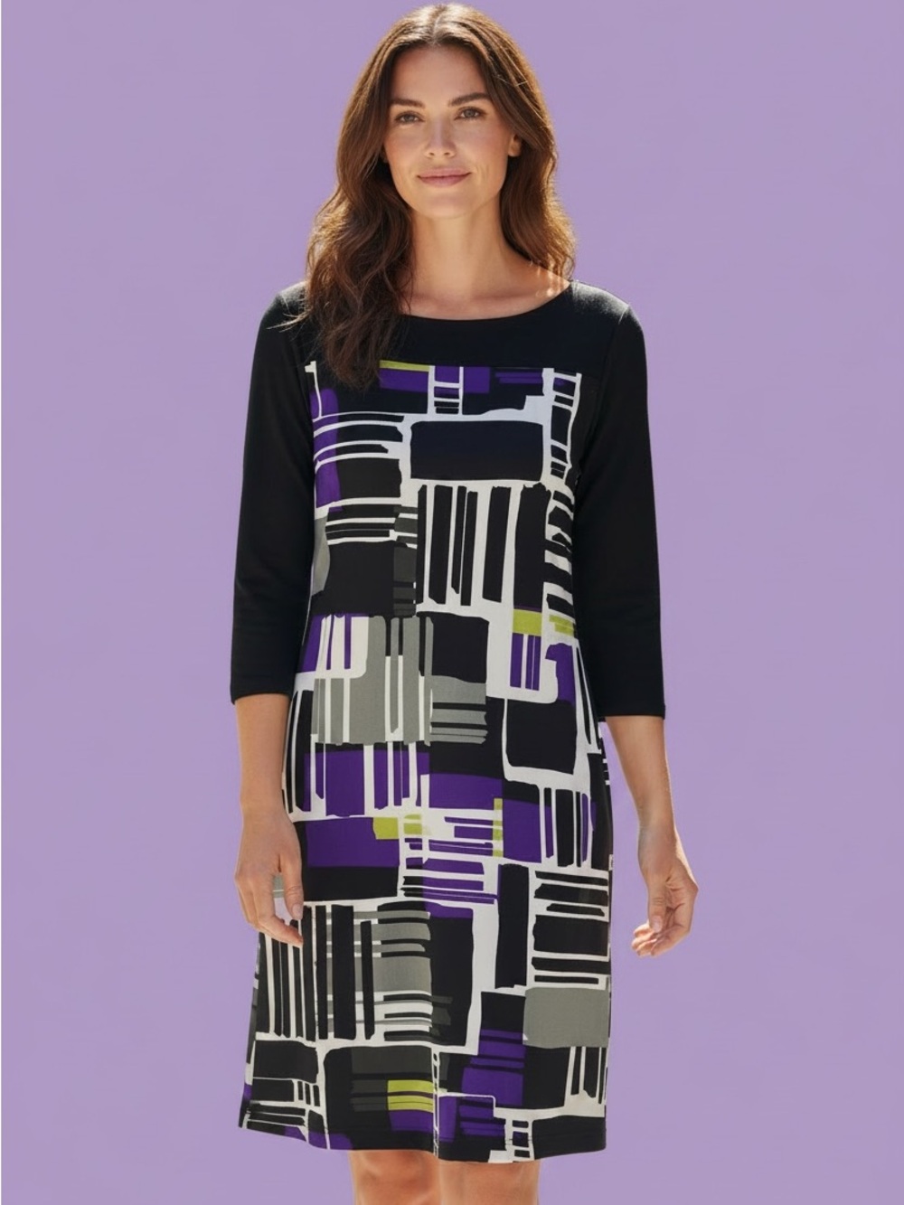 Banana Republic Black Geometric Print Midi Dress with Purple and Gray Accents